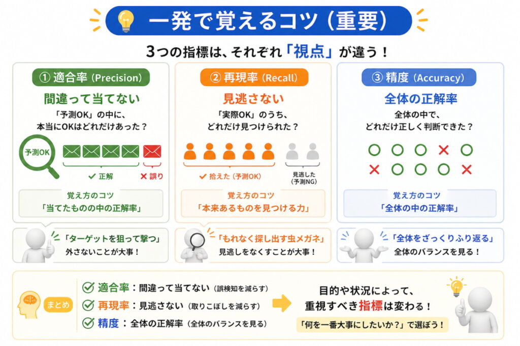 精度・再現率・適合率を覚えるためのイメージ画像
