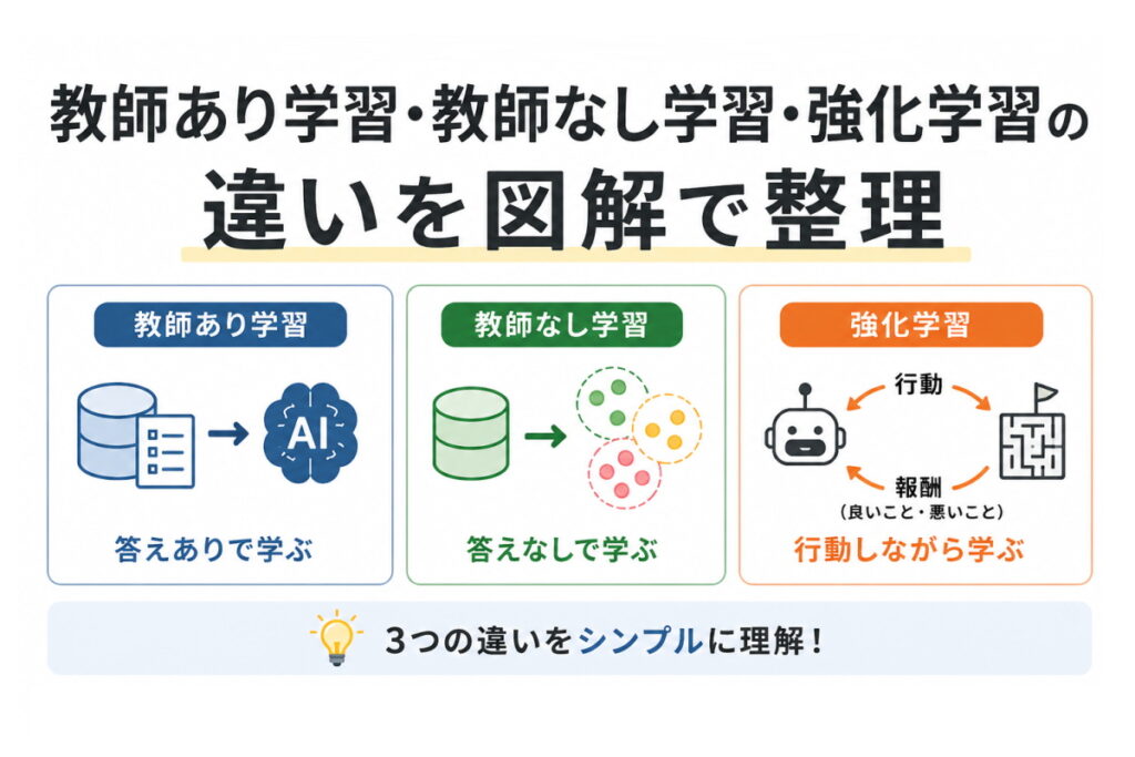 教師あり学習・教師なし学習・強化学習のイメージ画像
