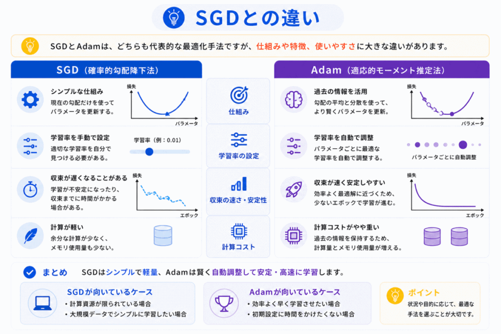AdamとSGDの違いのイメージ画像