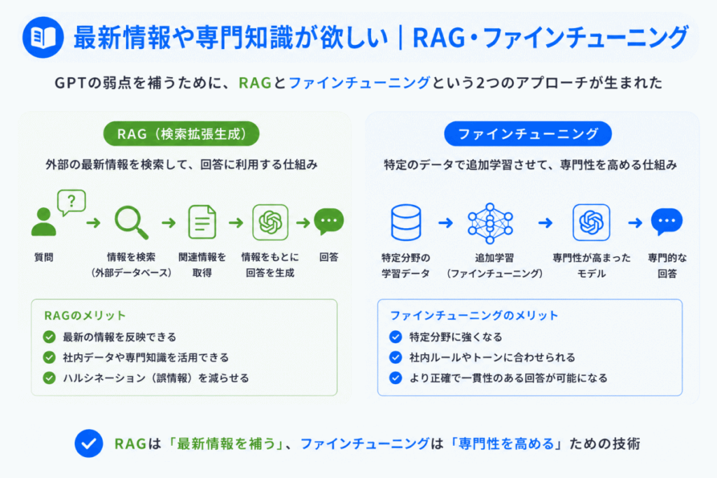 最新情報や専門知識が欲しい|RAG・ファインチューニングのイメージ画像