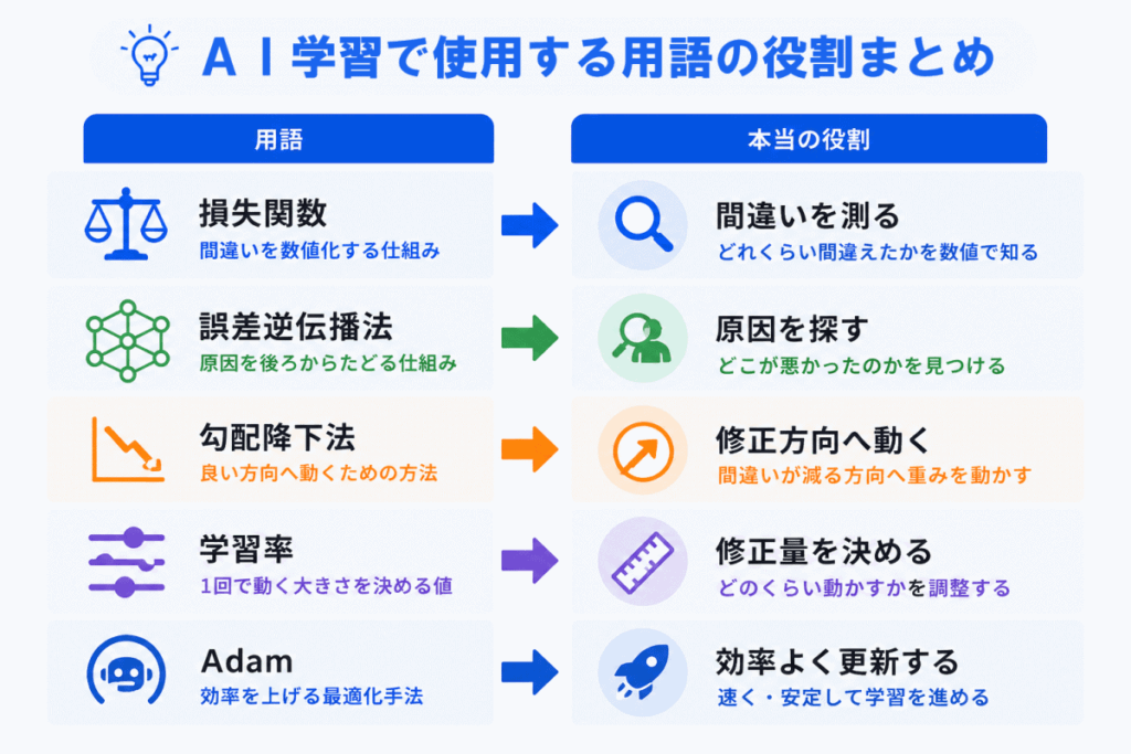 用語|本当の役割
損失関数|間違いを測る
誤差逆伝播法|原因を探す
勾配降下法|修正方向へ動く
学習率|修正量を決める
Adam|効率よく更新する