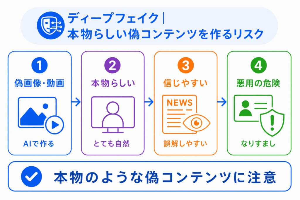 ディープフェイク|本物らしい偽コンテンツを作るリスクのイメージ画像