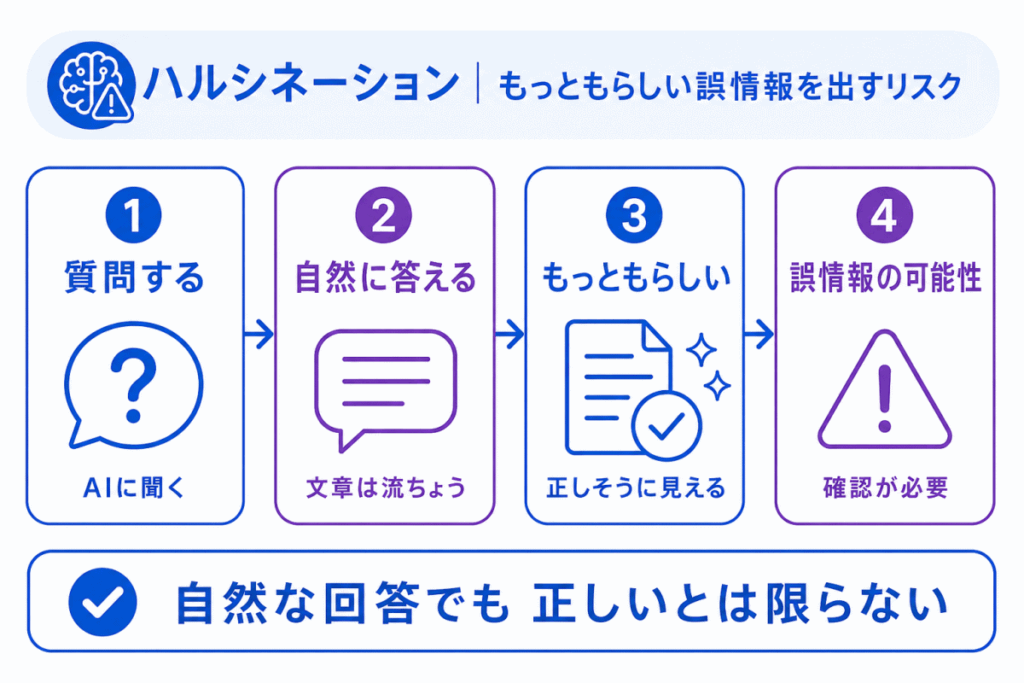 ハルシネーション|もっともらしい誤情報を出すリスクのイメージ画像