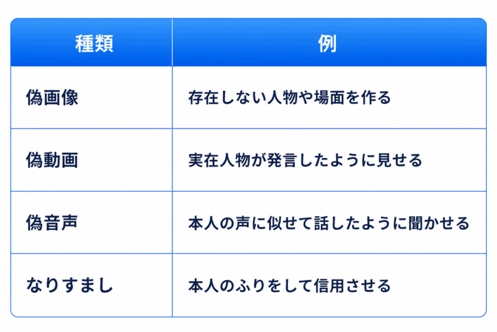 種類|例
偽画像|存在しない人物や場面を作る
偽動画|実在人物が発言したように見せる
偽音声|本人の声に似せて話したように聞かせる
なりすまし|本人のふりをして信用させる
