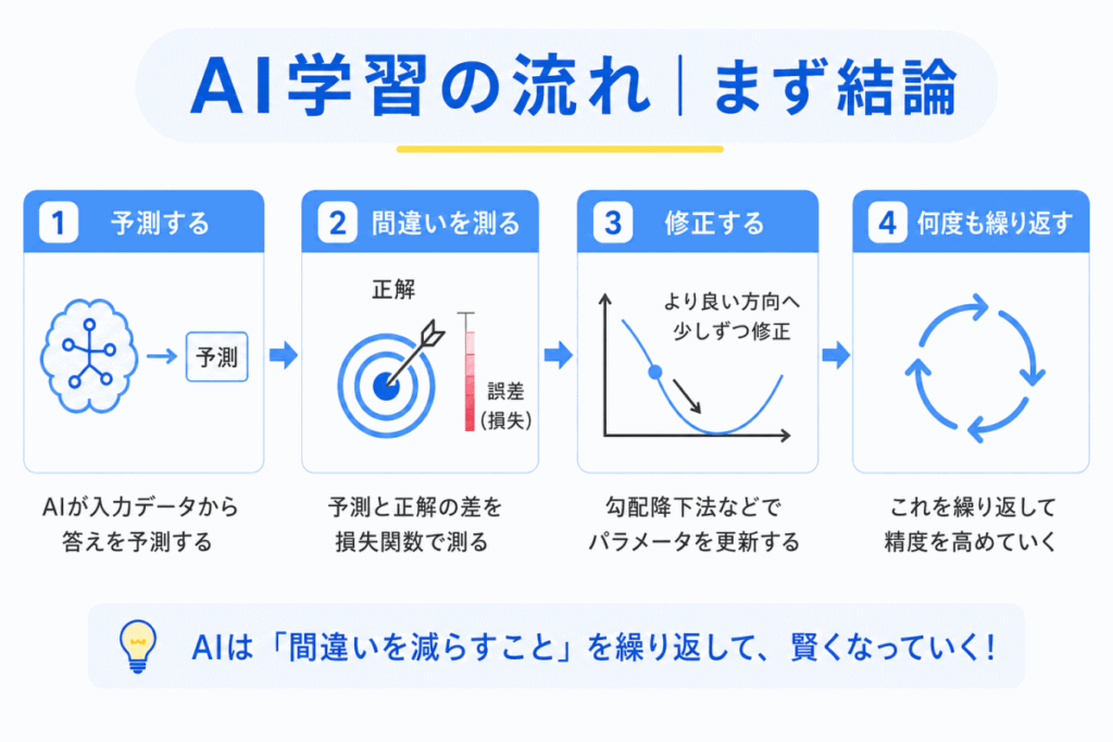 まず結論|AI学習の流れはこれのイメージ画像