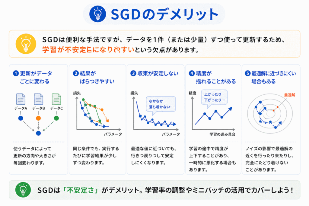 確率的勾配降下法（SGD）のデメリットのイメージ画像