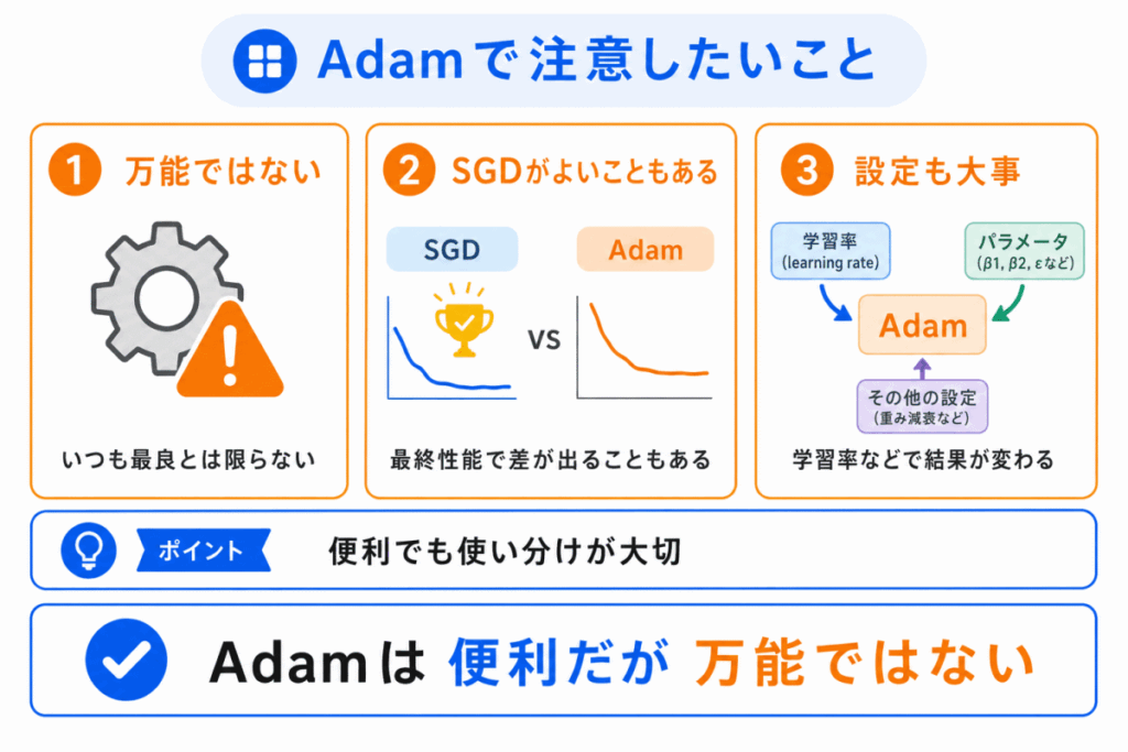 Adamで注意したいことのイメージ画像