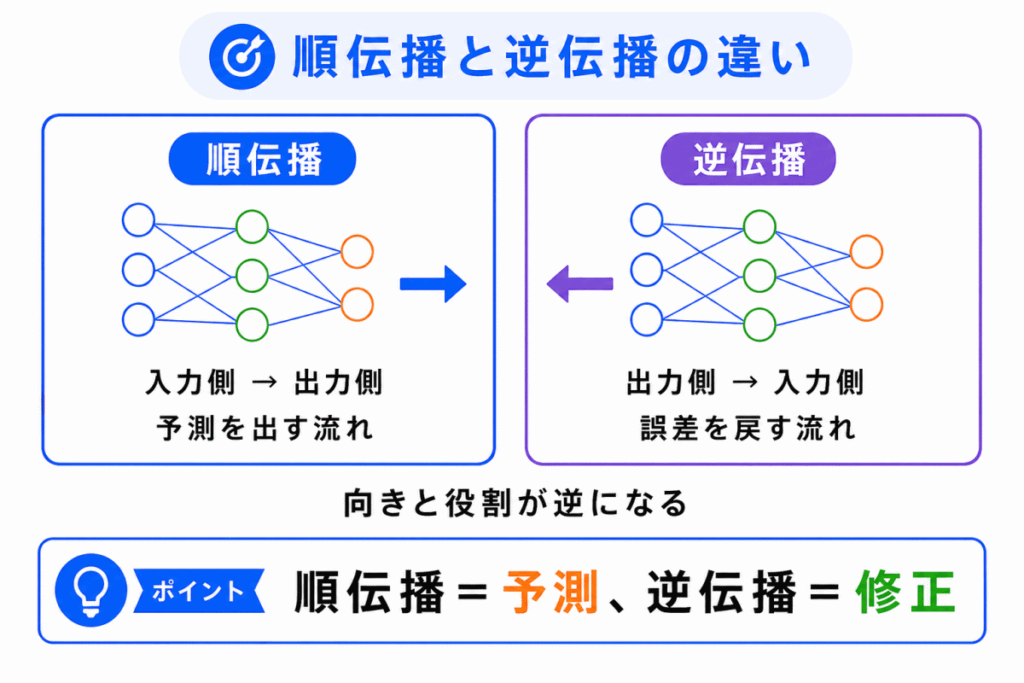 順伝播と逆伝播の違いのイメージの画像