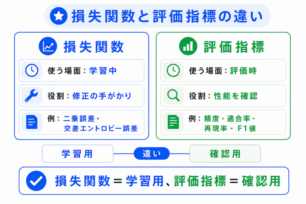 損失関数と評価指標の違いのイメージ画像