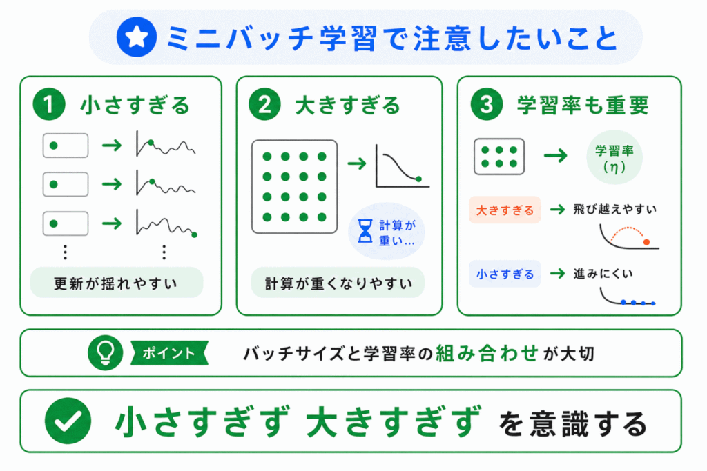 ミニバッチ学習で注意したいことのイメージ画像
