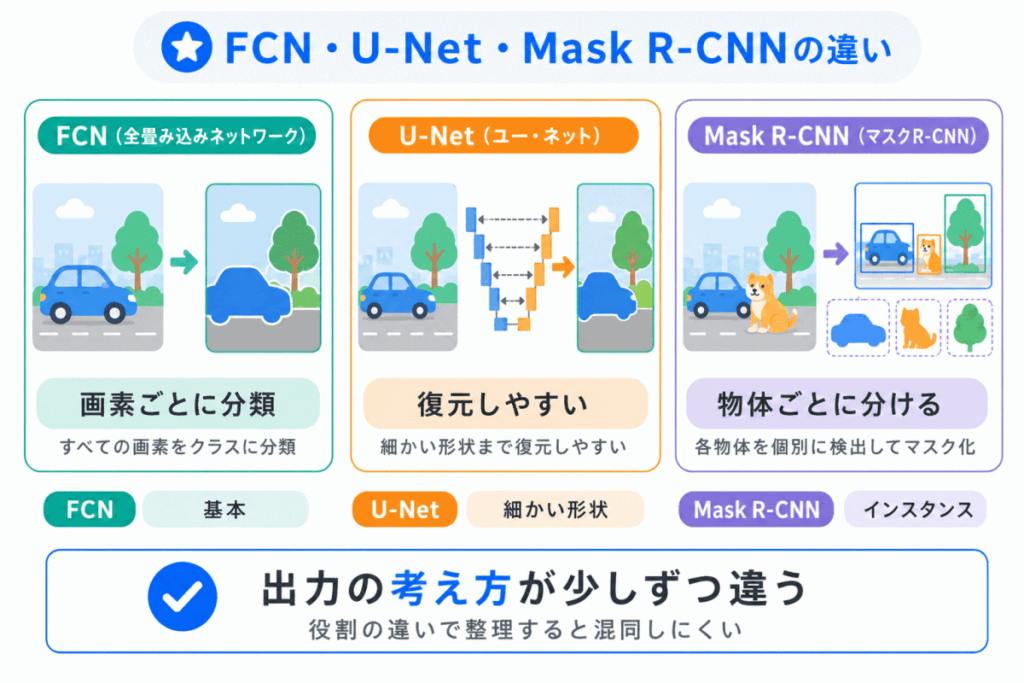 FCN・U-Net・Mask R-CNNの違いのイメージ画像