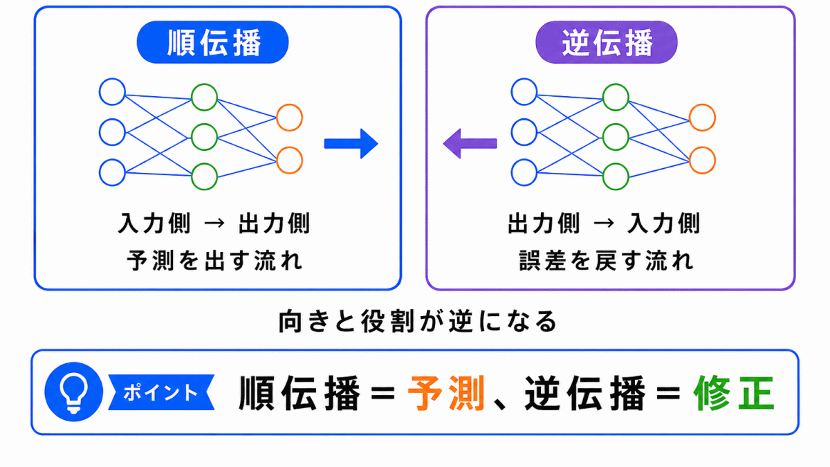 順伝播と逆伝播の違いのイメージの画像