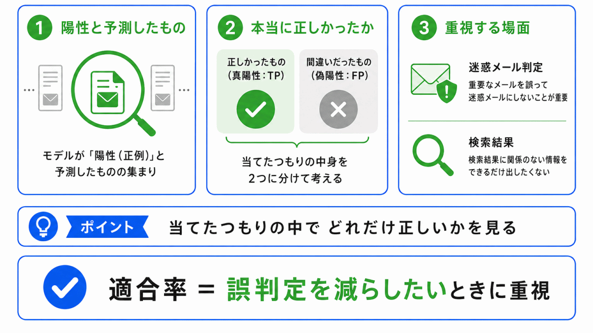 誤判定を減らしたいときは適合率のイメージ画像