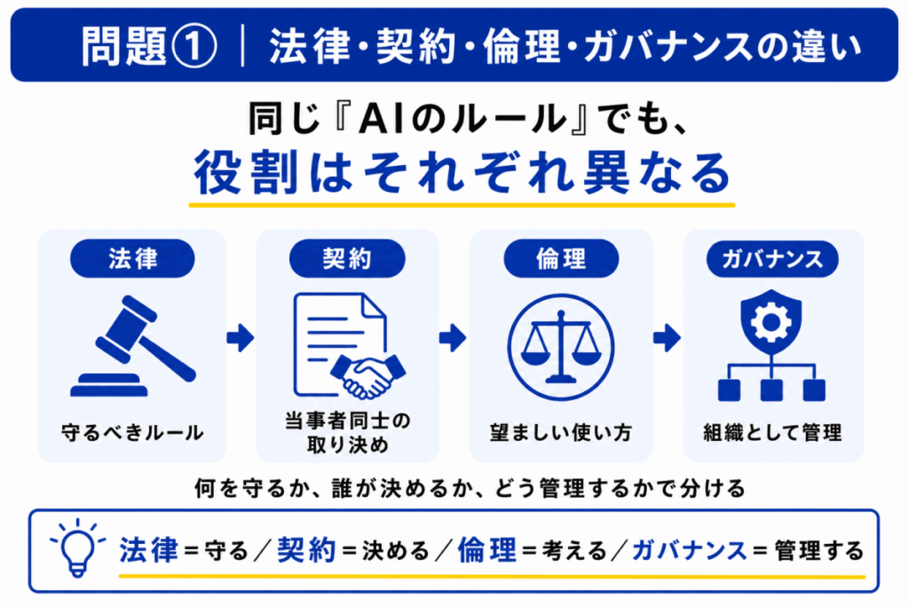 法律・契約・倫理・ガバナンスの違いのイメージ画像